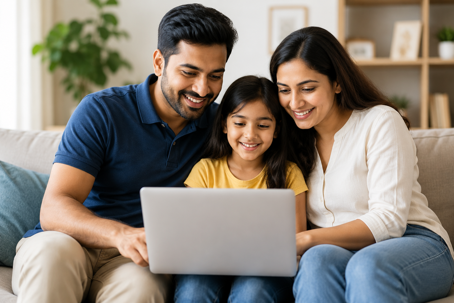 Family of three sits together on a couch, smiling at a laptop screen in the center.