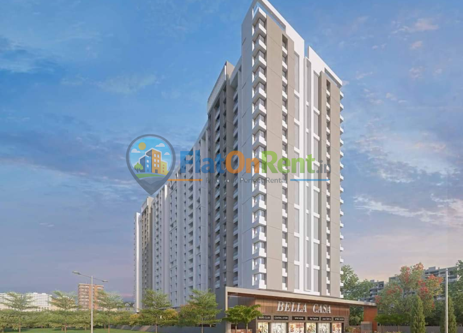 Bella Casa 2 Modern high-rise residential tower with beige and white facade, Bella Casa storefront at street level against a blue sky.