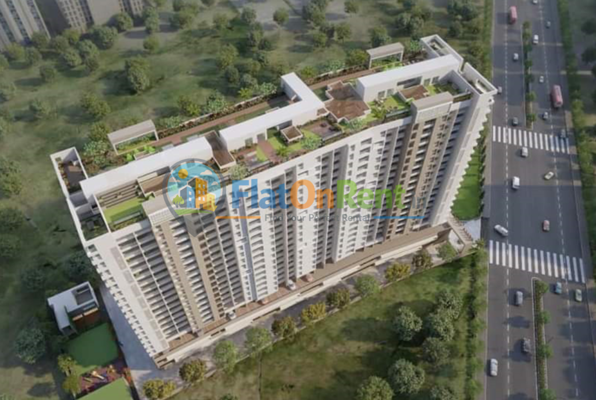 Aerial view of a large modern apartment building with rooftop gardens and green terraces.