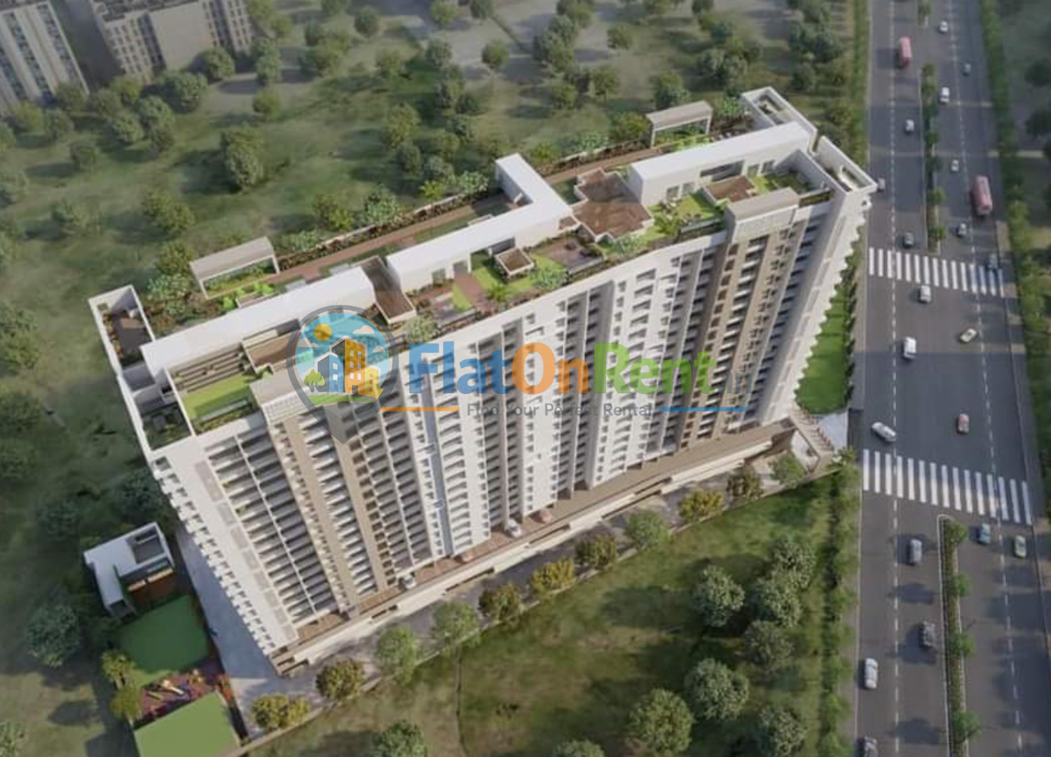 Bella Casa 4 Aerial view of a large modern apartment building with rooftop gardens and green terraces.