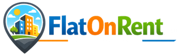 Logo for FlatOnRent.in, a rental listing site, featuring a map pin with buildings and the slogan 'Find Your Perfect Rental'.